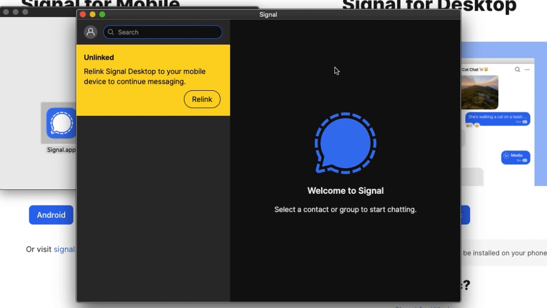 Tap `Relink` on Signal Desktop.
