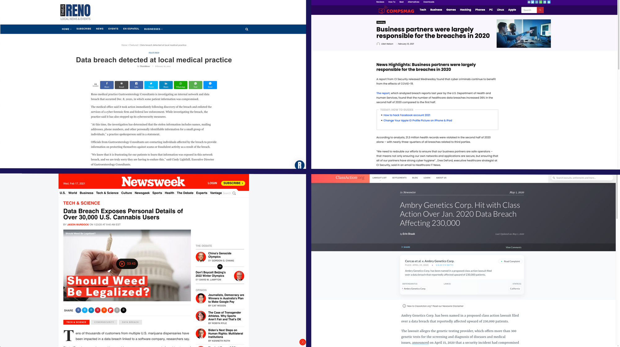 News panel of articles showing data breaches (clockwise from top left): "Data breach detected at local medical practice" (This is Reno), "Business partners were largely responsible for the breaches in 2020" (compsmag), "Data breach exposes personal details of over 30k US cannabis users" (Newsweek), "Ambry Genetics Corp hit with class action over 2020 data breach" (ClassAction.org).