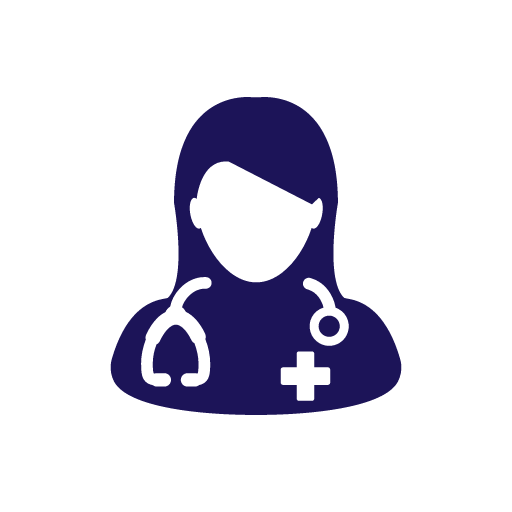Icon of a woman, in brand blue, with a healthcare badge and stethoscope.