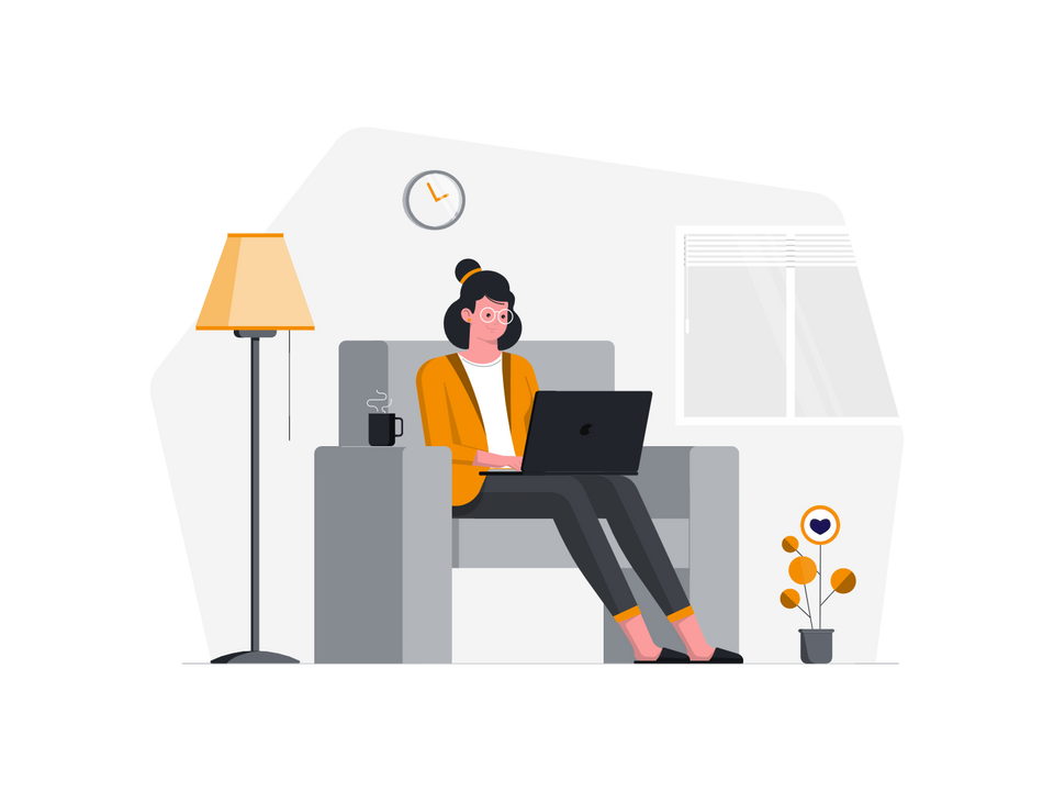 Illustrated woman sitting on a couch, beside a floor lamp, with a steaming mug, relaxedly working on a laptop.