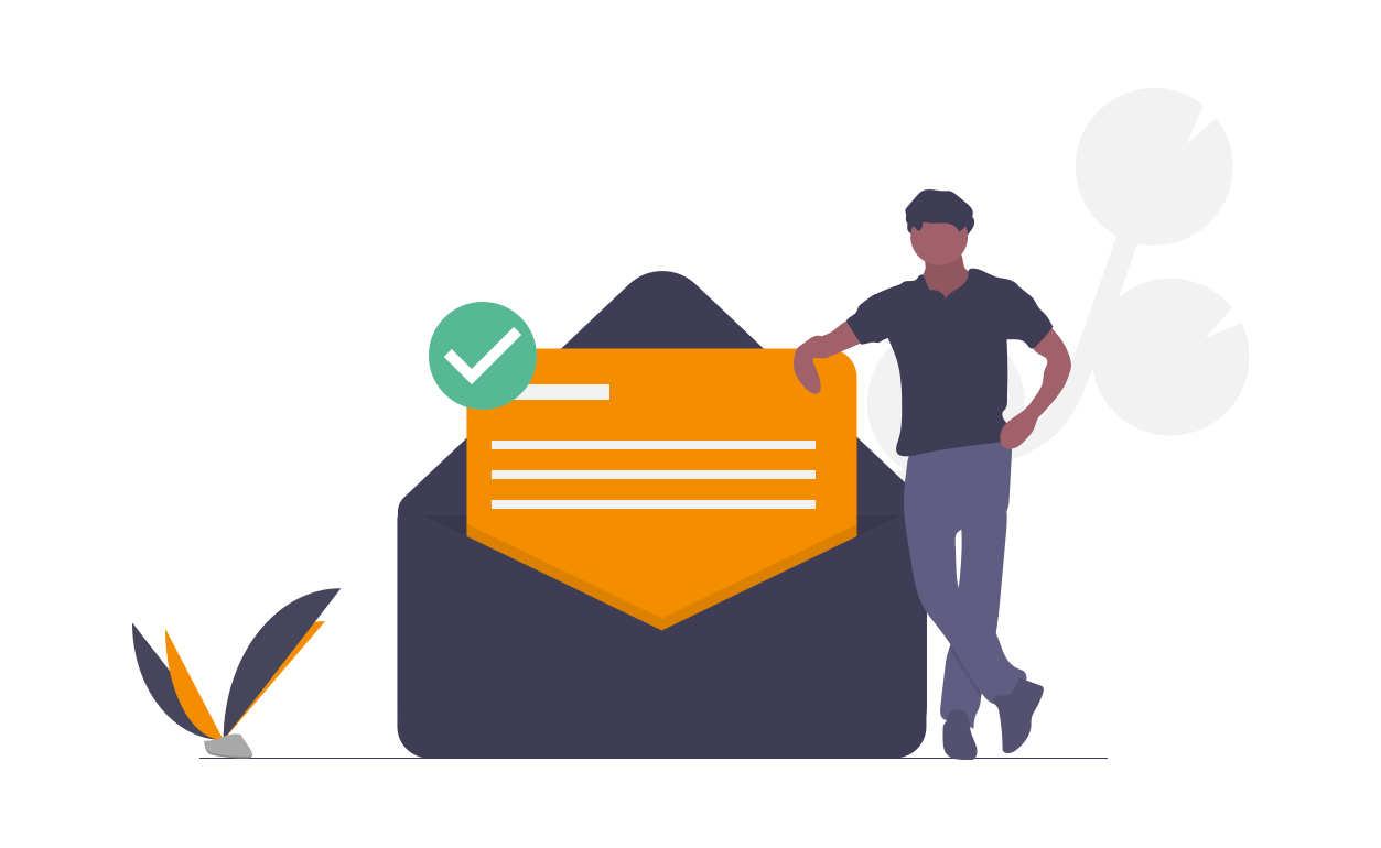 Illustration of a person leaning on message peeking out of a giant envelope.