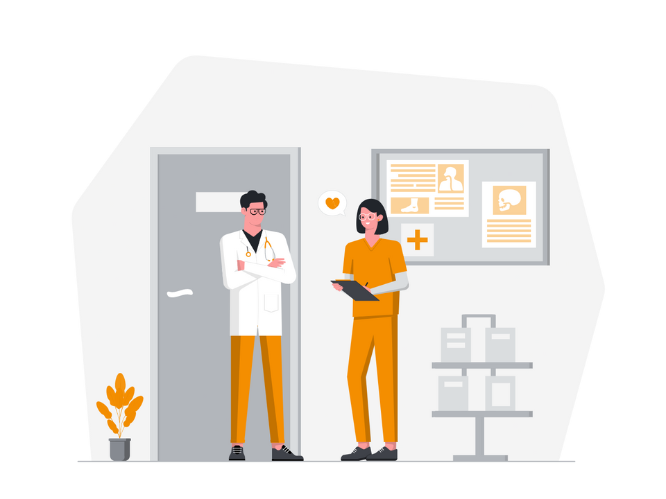 Illustration showing two health practitioners chatting, in what looks like a medical setting.