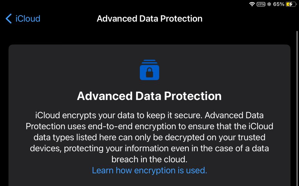 Screenshot of start of flow to enable iCloud Advanced Data Protection feature.